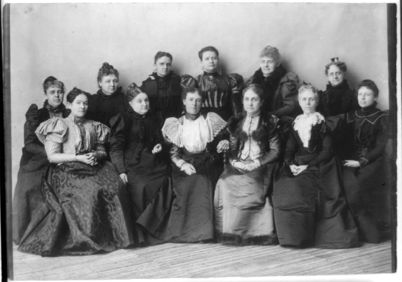 Officers of the Mothers' Congress, Feb. 7, 1897, Wash., D.C. Phoebe Apperson Hearst, 3rd from right, 1st row - Letitia Green Stevenson, wife of Vice President Adlai Stevenson, 2nd from left, 1st row, [between ca. 1890 and ca. 1910] — historic photograph