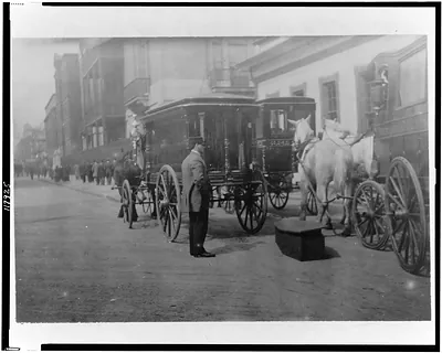 [Horse-drawn hearses in front of funeral parlor, New York City(?)]