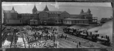 [The Brighton Beach Hotel, Brooklyn, N.Y., being moved away from beach front]
