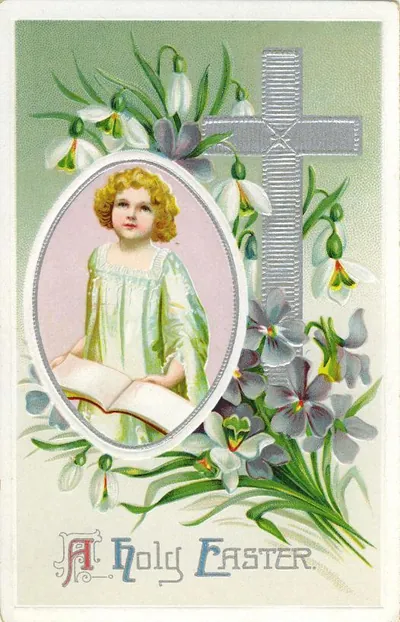 A Holy Easter greeting card with child, cross and violets