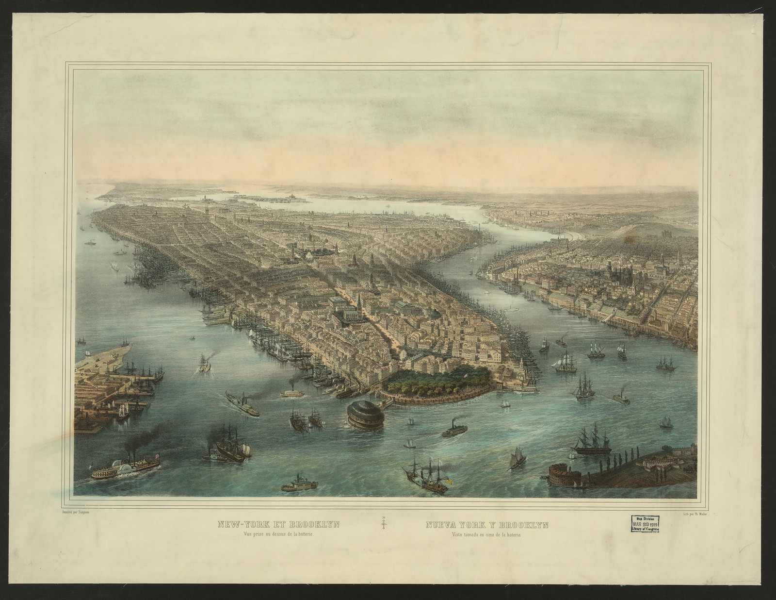 New York and Brooklyn bird's-eye view lithograph — antique lithograph