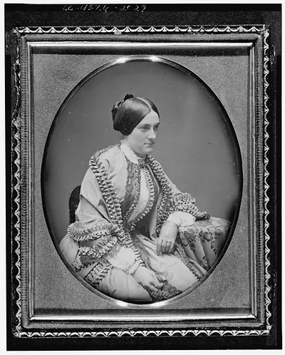 Seated woman in ruffled dress, daguerreotype portrait