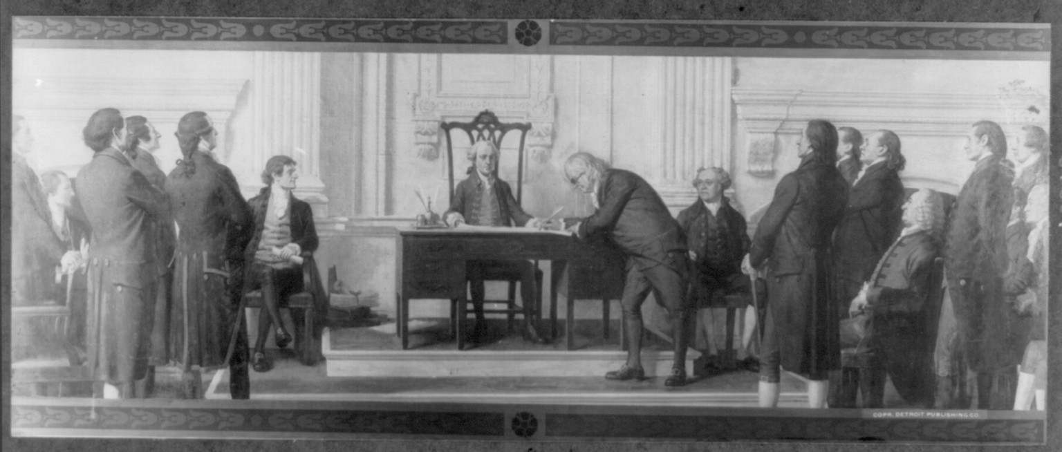 [Benjamin Franklin, 1706-1790, full-length portrait, standing, left profile, signing the Declaration of Independence] — historic print