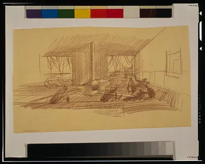 [Case Study House No. 9 for John Entenza (Pacific Palisades, Los Angeles, California). Living room. Perspective. Sketch]