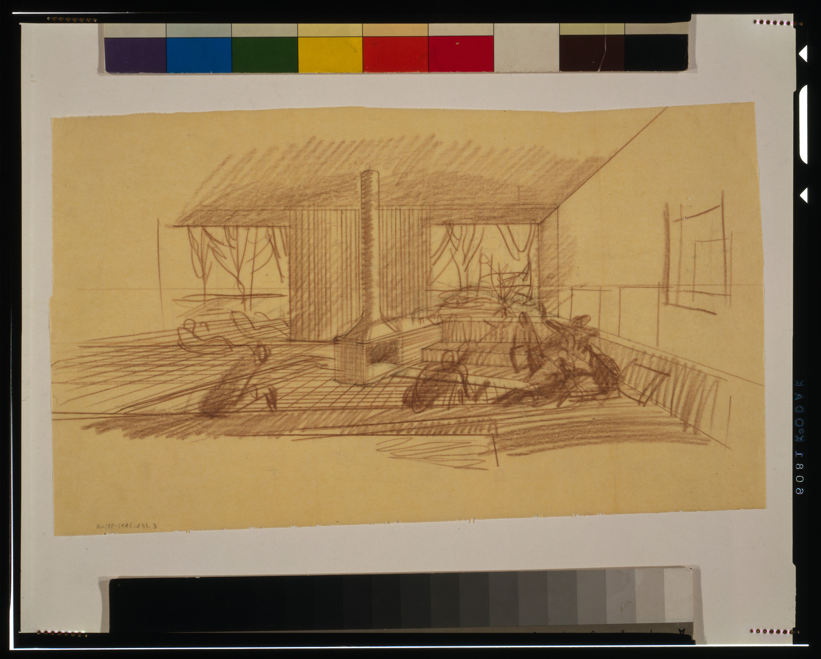 [Case Study House No. 9 for John Entenza (Pacific Palisades, Los Angeles, California). Living room. Perspective. Sketch], [ca. 1948] — historic drawing
