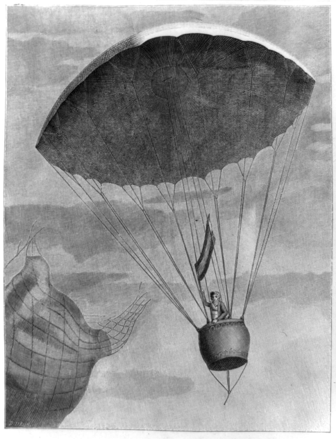 [Expérience du parachûte. Le 1er Brumaire an 6 (22 octobre 1797. v.f.) à 5h. 28m. du soir, le citoyen Garnerin, s'éleva à ballon perdu au parc de Monceau ...] / Dietrich., [S.l. : s.n., between 1860 and 1900] — antique engraving