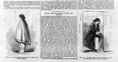 [Illustrations of 2 women on board the brig MARINE, after the sinking of the CENTRAL AMERICA: 1. Mrs. H-t, unintentionally on her part, turned into a pretty Mexican, wearing serape; 2. Mrs. M-n as she appeared when disguised as a boy, that she might help to bail out the ship]