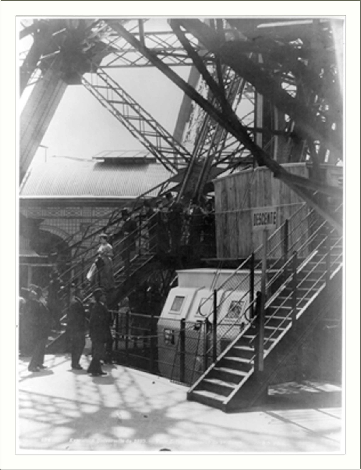 Paris Exposition; steps to the first stage of the Eiffel Tower, Paris Exhibition 1889, 1889 — historic photograph