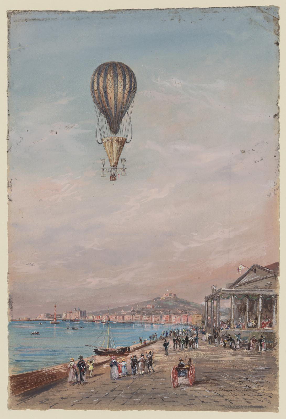 Hot air balloon over a bay with a seafront promenade — historic image