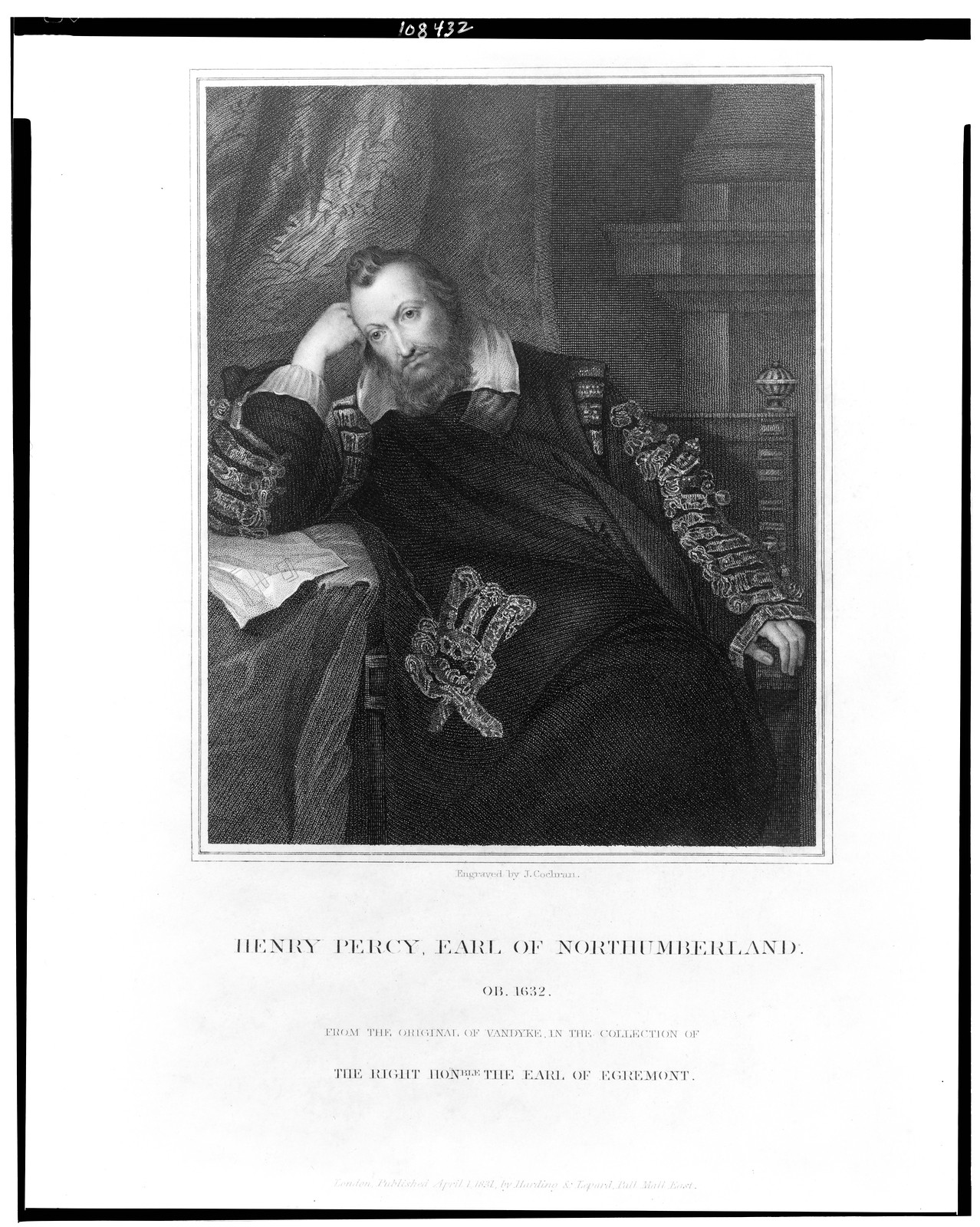 Henry Percy, Earl of Northumberland / engraved by J. Cochran ; from the original of Vandyke., London : published by Harding & Lepard, 1831. — antique engraving