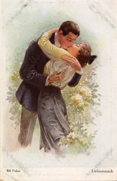 Painted postcard of a couple kissing, titled Liebesrausch