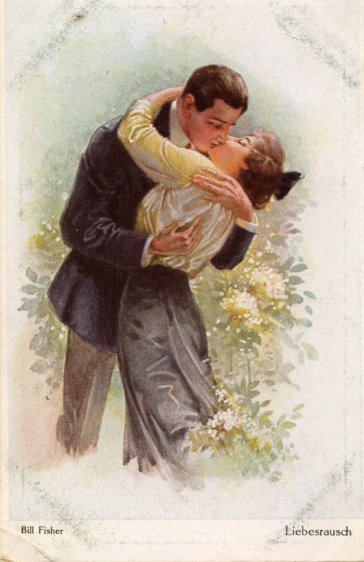 Painted postcard of a couple kissing, titled Liebesrausch — vintage postcard