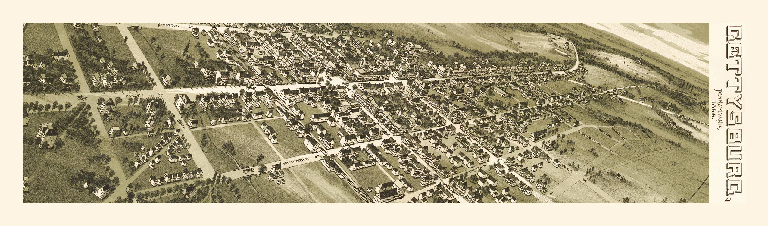 Panoramic bird's-eye view of Gettysburg, Pennsylvania — historic image