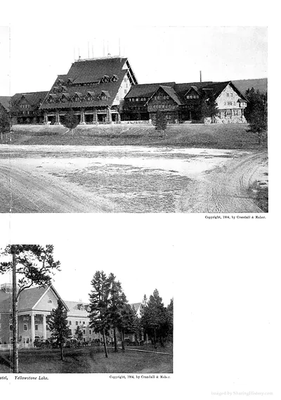 Two rustic hotel views, Yellowstone Lake, copyright 1904 Crandall & Maher