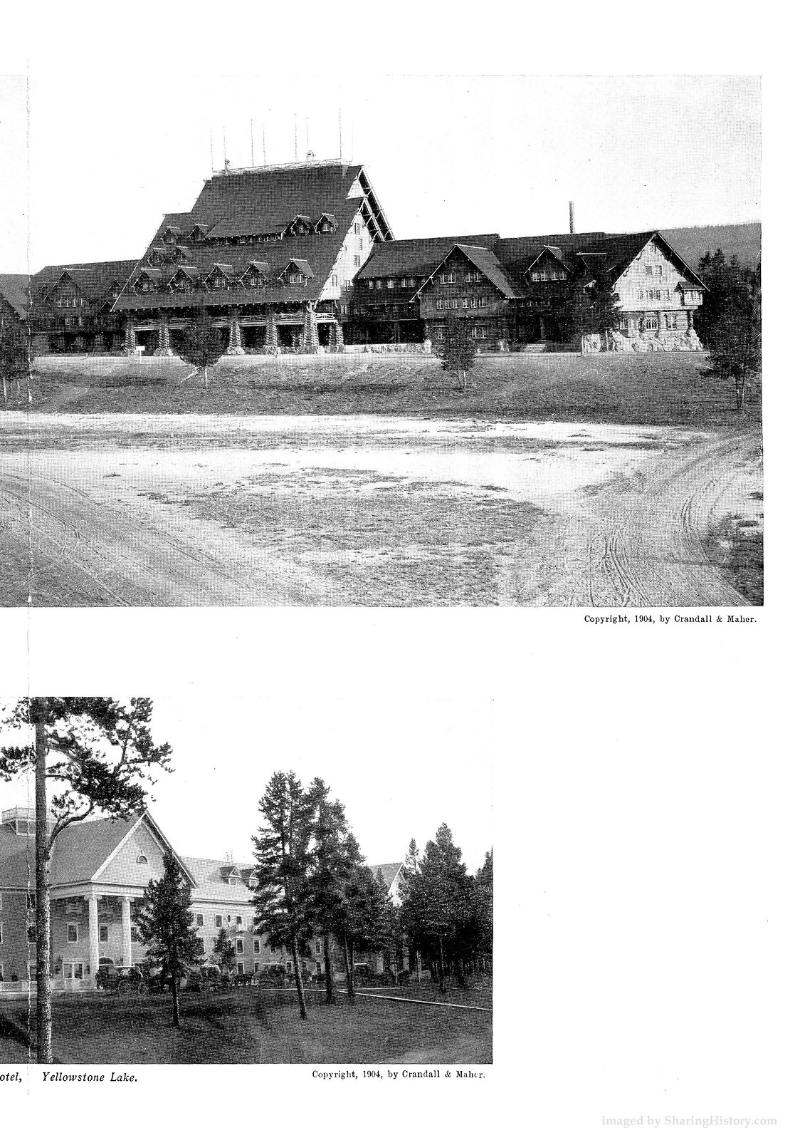 Two rustic hotel views, Yellowstone Lake, copyright 1904 Crandall & Maher — historic image