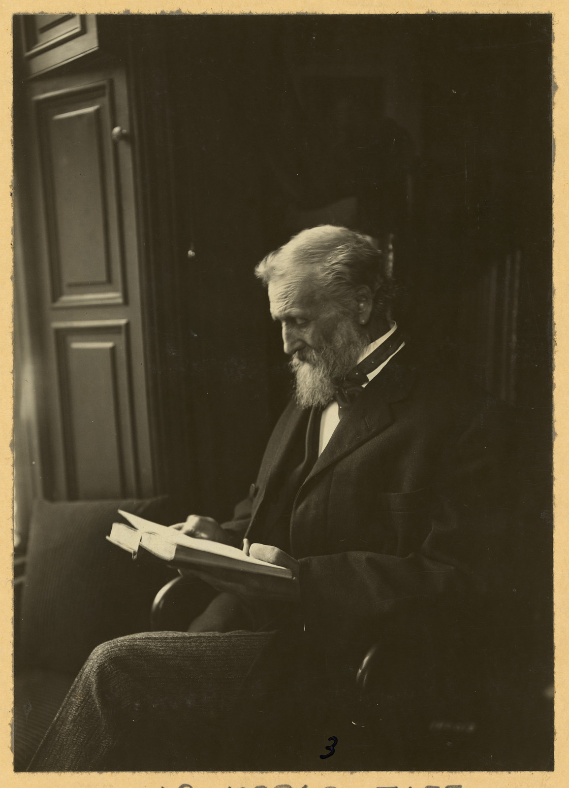 Elderly bearded man reading a book in chair — historic image