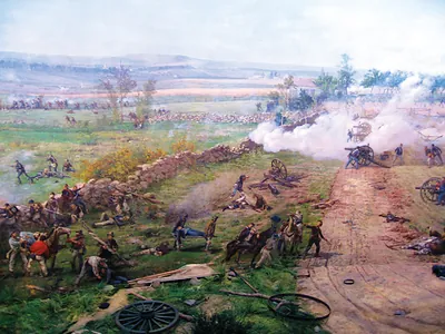 Painted Civil War battle scene with cannons and infantry