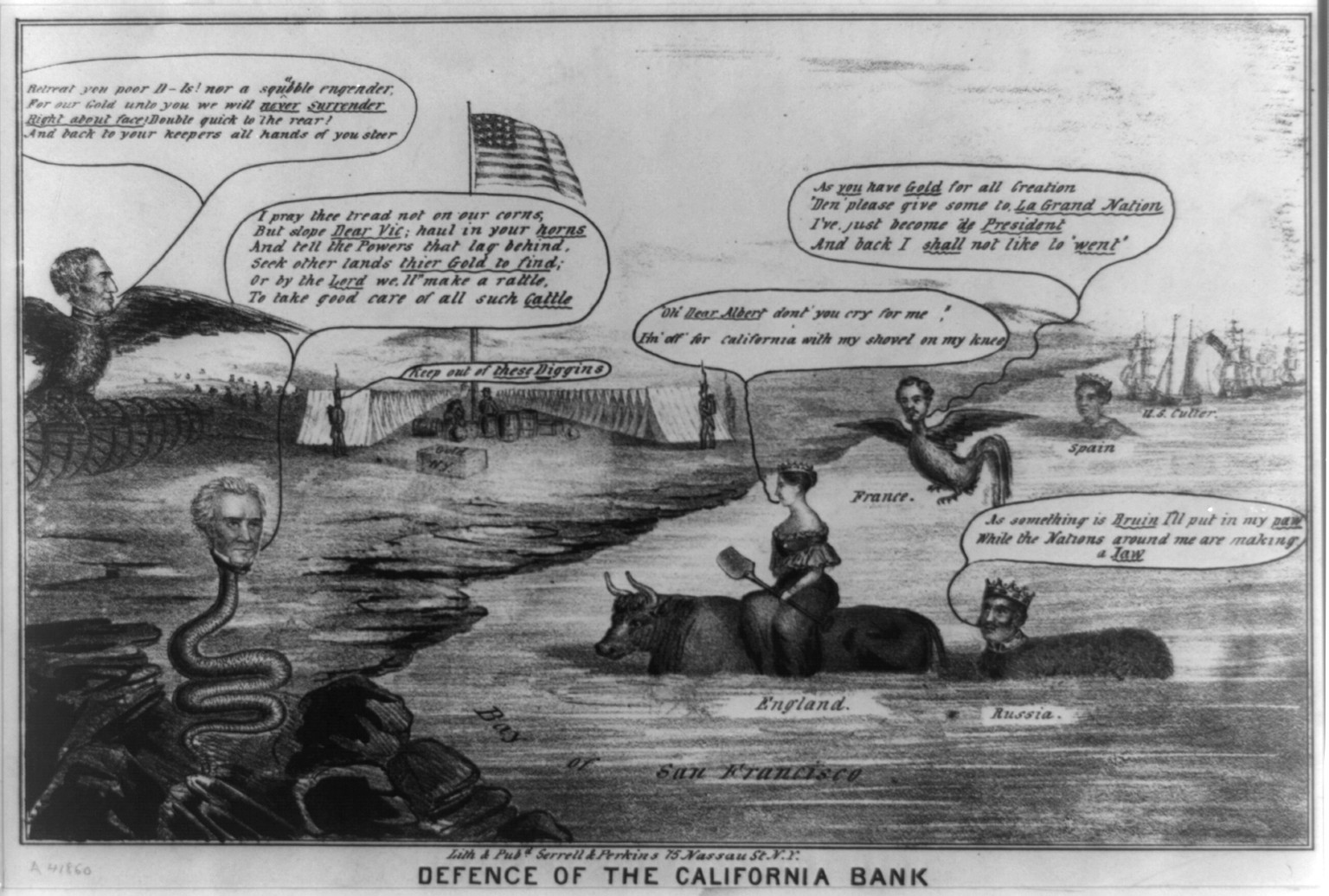 Defense of the California Bank, N.Y. : Lith & pubd by Henry Serrell & S. Lee Perkins, 1849. — antique lithograph