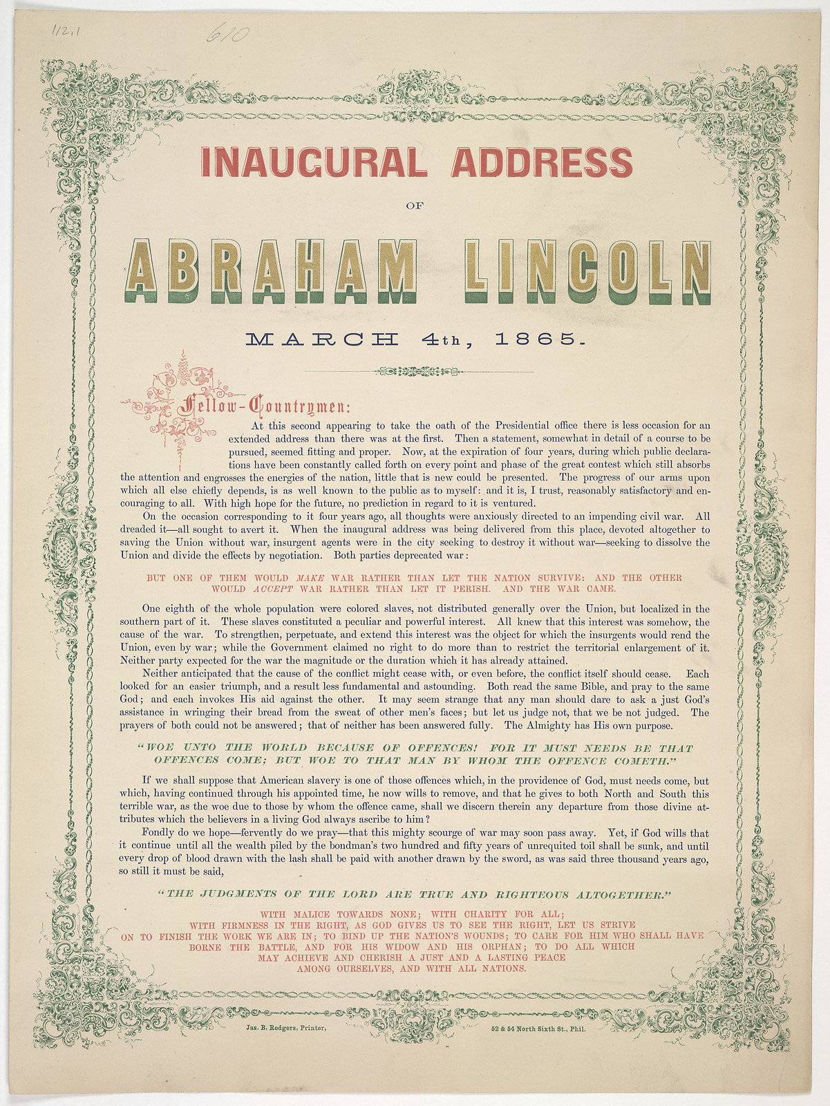 Inaugural Address of Abraham Lincoln, March 4th, 1865 — historic image