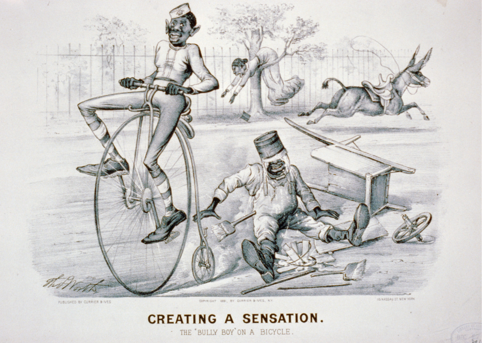 Creating a sensation: The Bully Boy" on a bicycle", [New York] : Currier & Ives, 1881. — antique lithograph