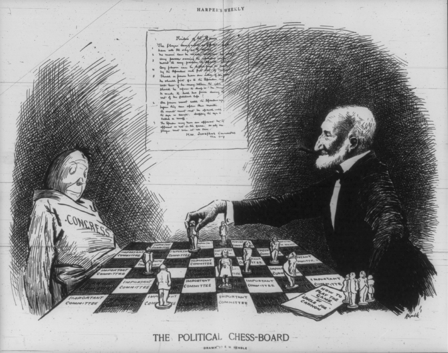 The Political Chess-Board, 1910 Feb. 5. — antique engraving