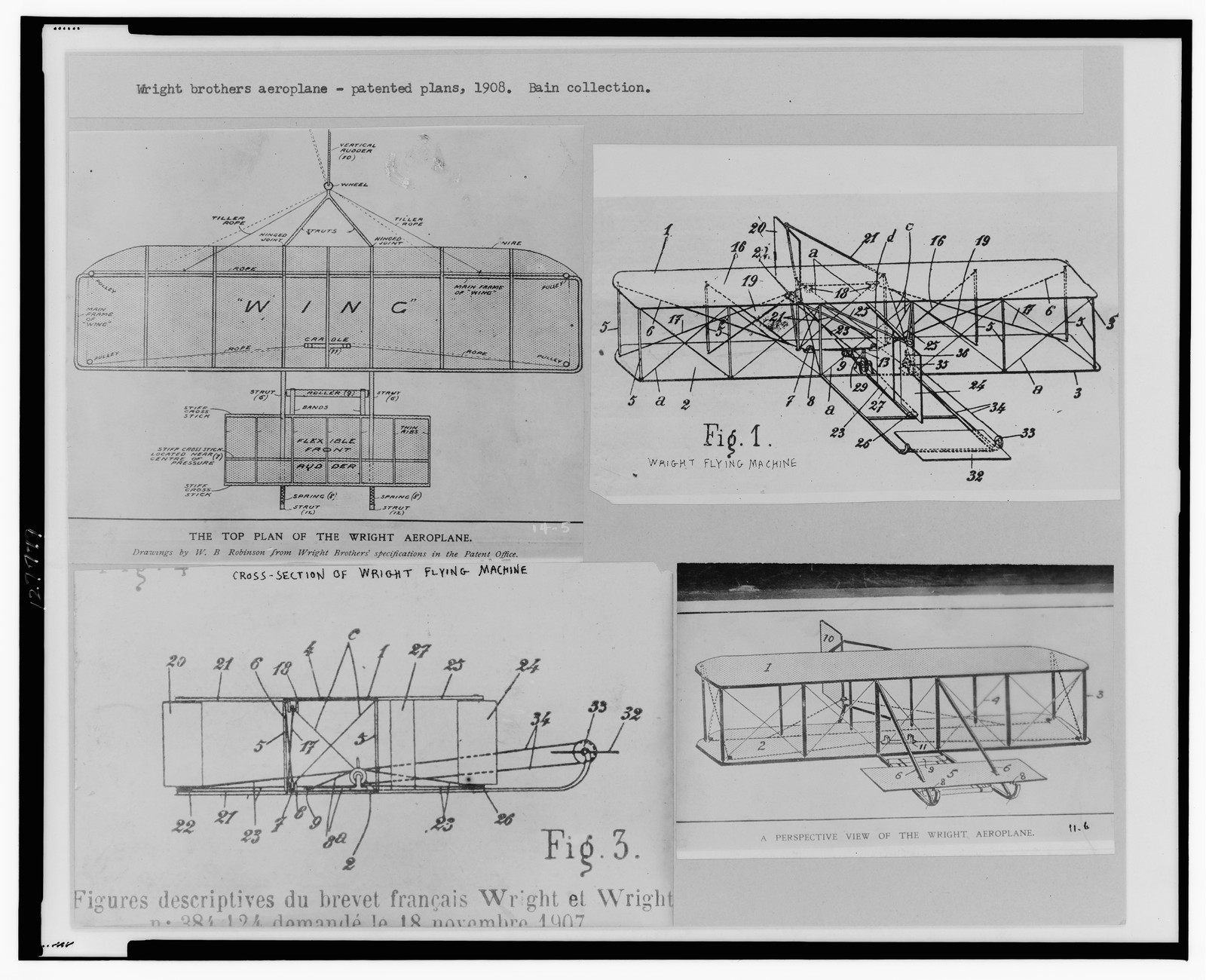Wright brothers aeroplane - patented plans, 1908, 1908 — historic photograph
