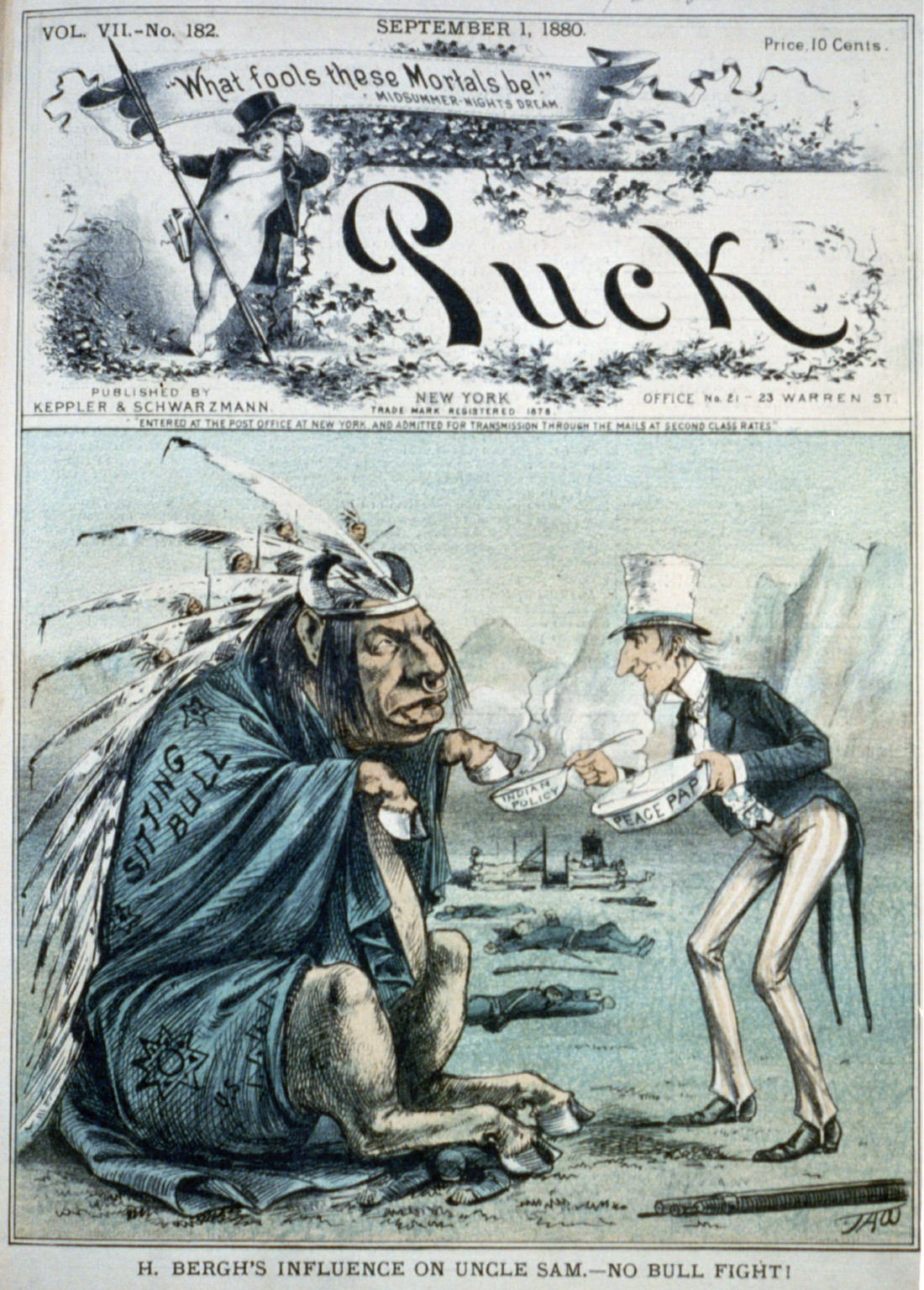 H. Bergh's influence on Uncle Sam - no bull fight!, 1880 — antique lithograph