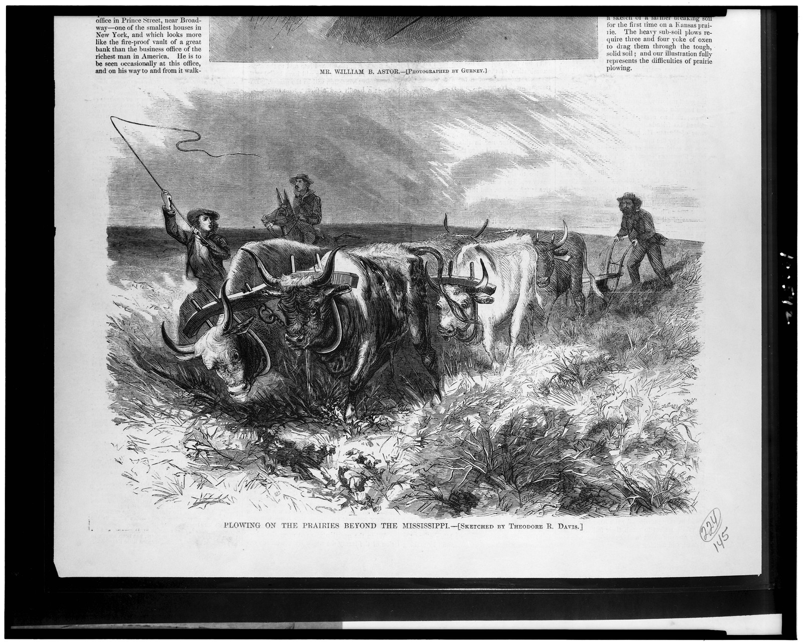 Plowing on the prairie beyond the Mississippi / sketched by Theodore R. Davis., 1868 — antique engraving