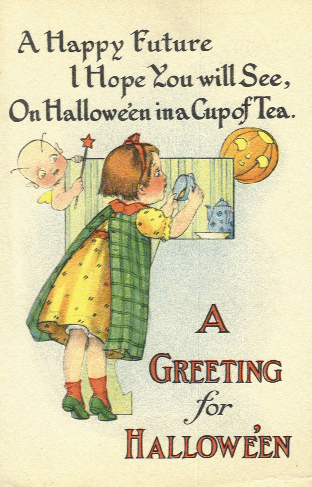 Halloween greeting card with girl, teapot and jack-o'-lantern — historic image