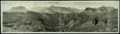 Panoramic black-and-white photograph of the Grand Canyon