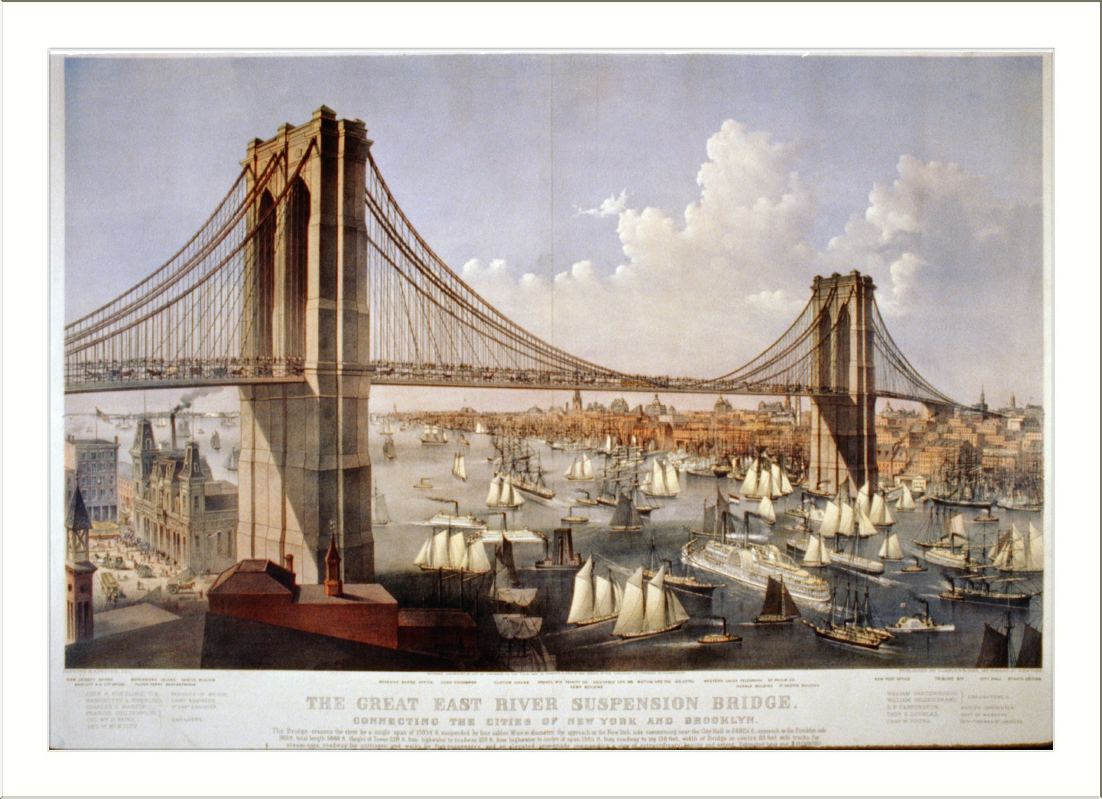 The great East River suspension bridge--Connecting the cities of New York and Brooklyn / Parsons & Atwater, del., New York : Published by Currier & Ives, c1874. — antique lithograph