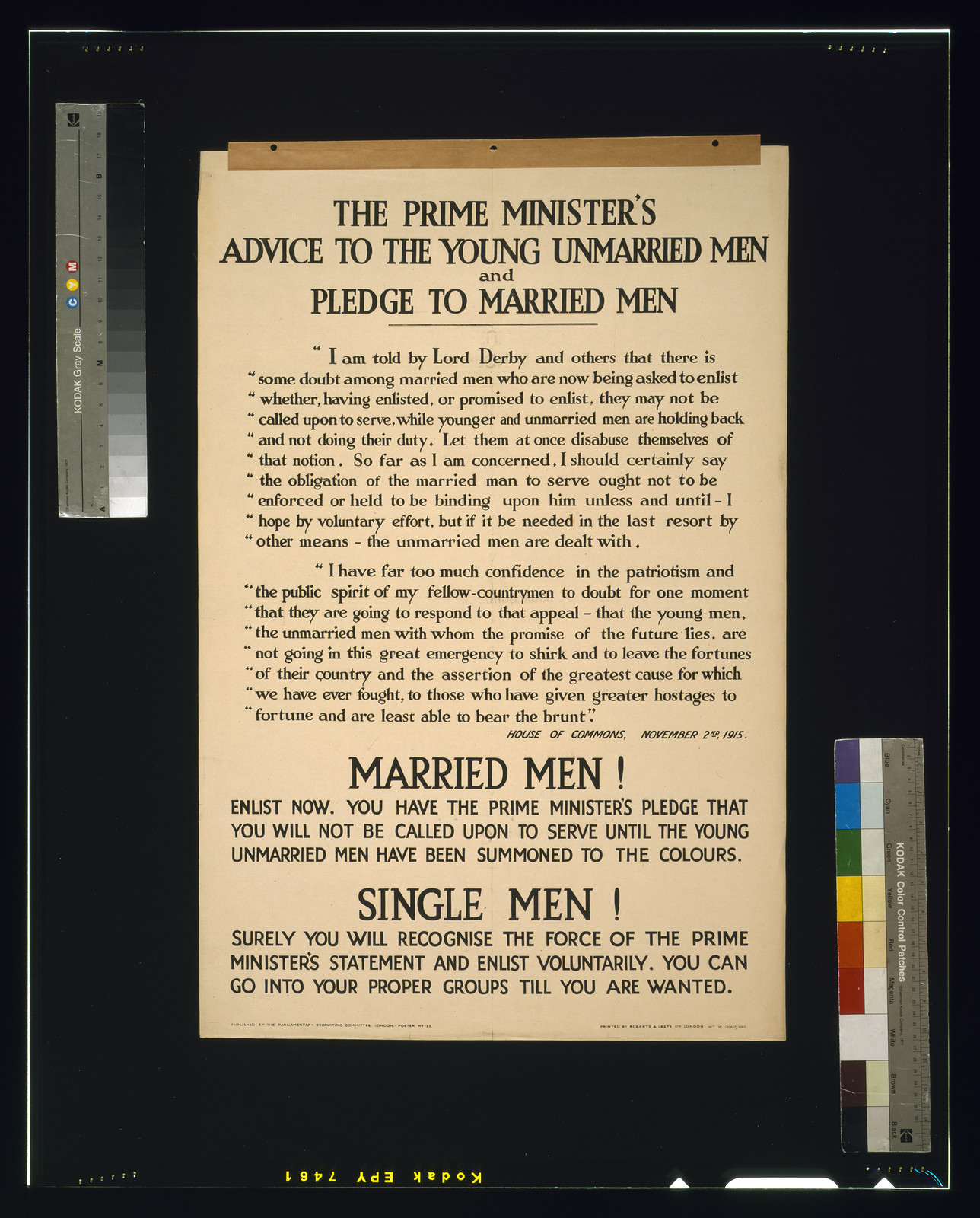 The prime minister's advice to the young unmarried men and pledge to married men / printed by Roberts & Leete Ltd., London., London : Parliamentary Recruiting Committee, [1915] — vintage poster