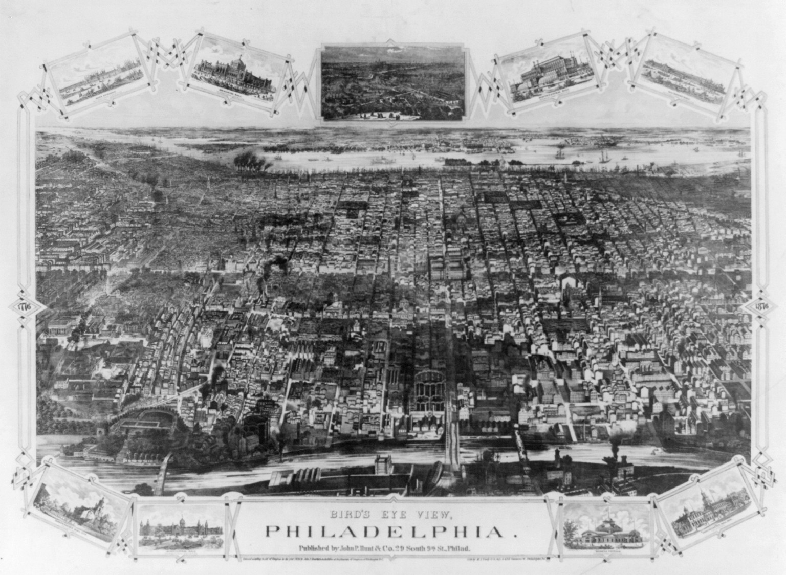 Bird's eye view, Philadelphia / lith. by H.J. Toudy & Co., Philadelphia, Pa., Philad. : Published by John P. Hunt & Co., c1876. — antique lithograph