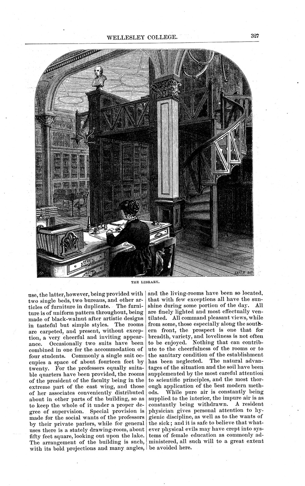 Wellesley College: The Library, engraved interior with woman at desk — antique map
