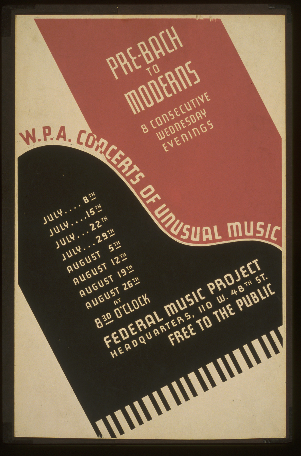 W.P.A. concerts of unusual music Pre-Bach to moderns (S) 8 consecutive wednesday evenin, 1936 — vintage poster