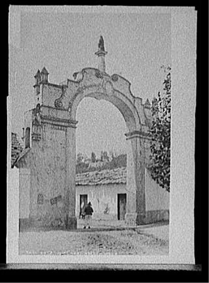 Gate in plaza, Amecameca, [between 1880 and 1897] — historic photograph