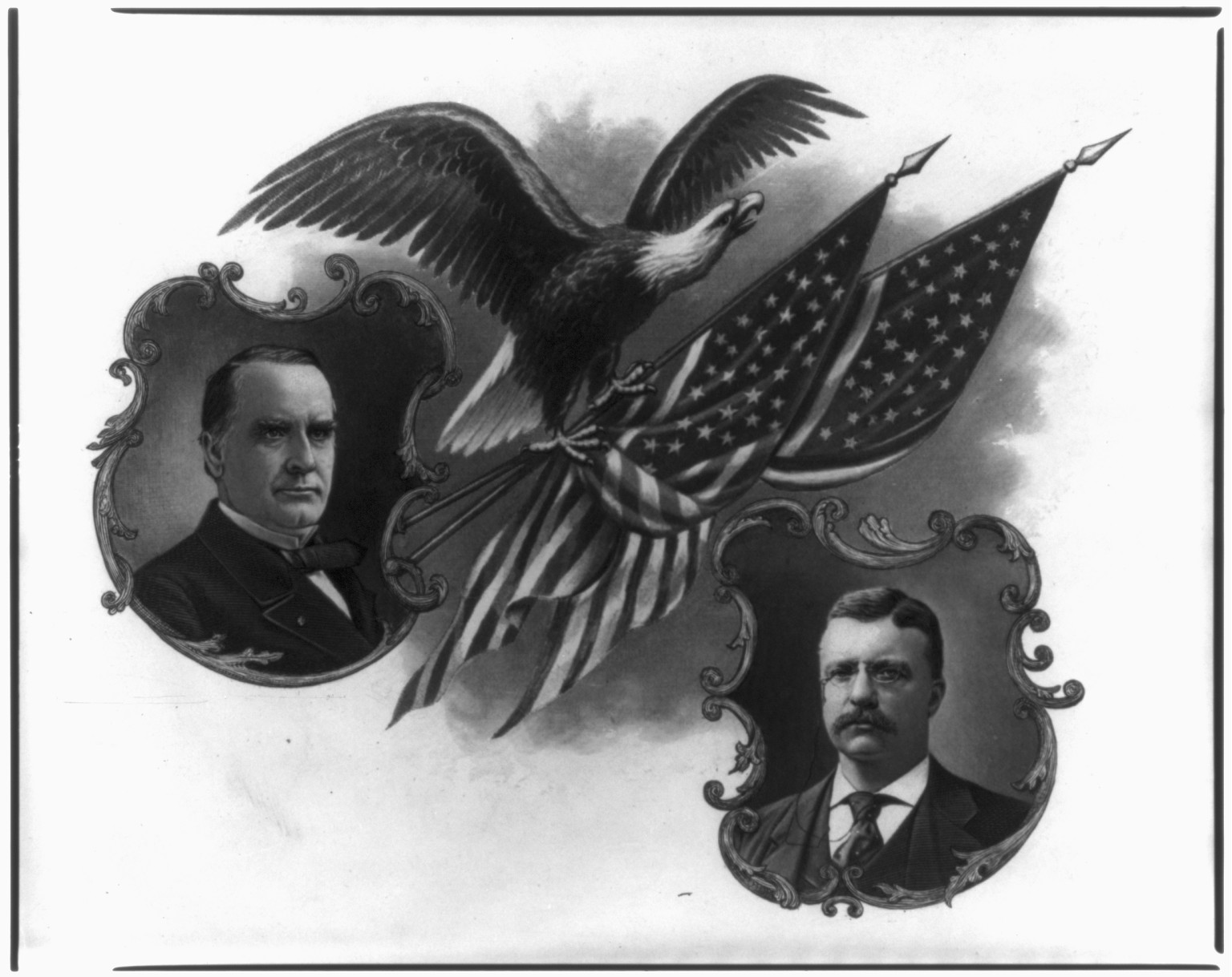 [Flying eagle holding 2 U.S. flags, between bust portraits of William McKinley and Theodore Roosevelt] — antique engraving
