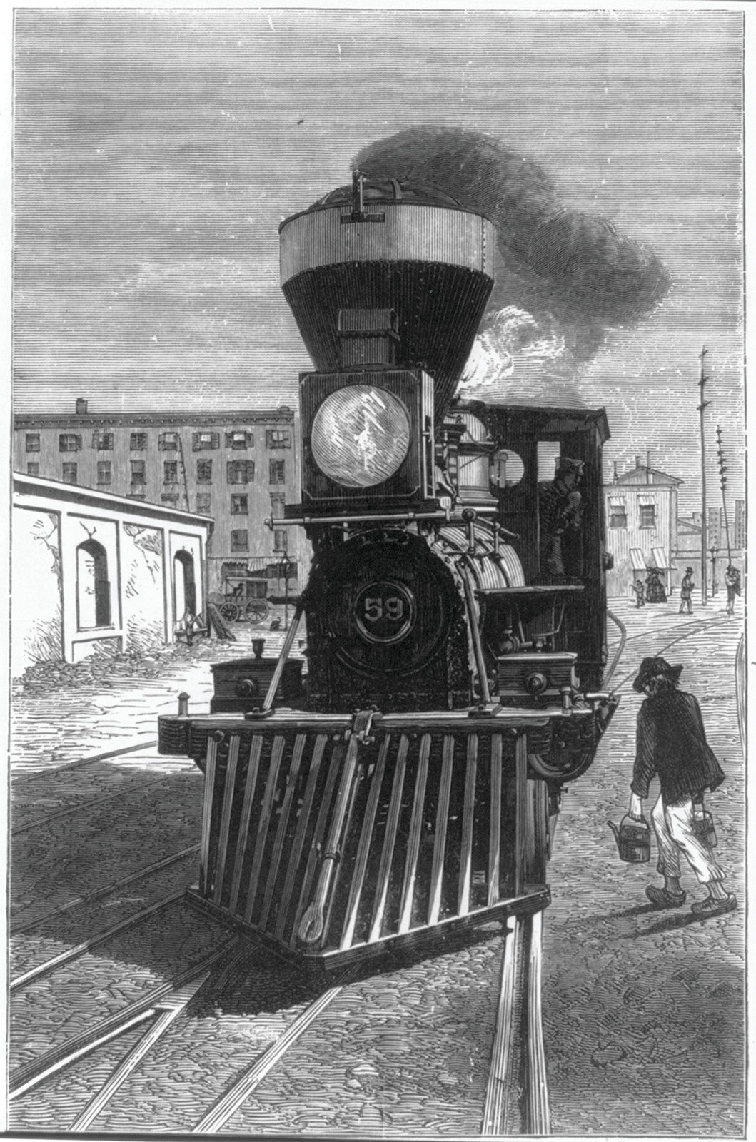 [An American locomotive engine and cow catcher] — antique engraving
