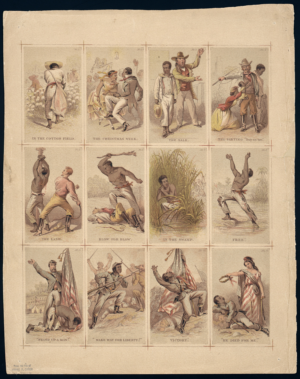 [Journey of a slave from the plantation to the battlefield], [ca. 1863] — antique lithograph