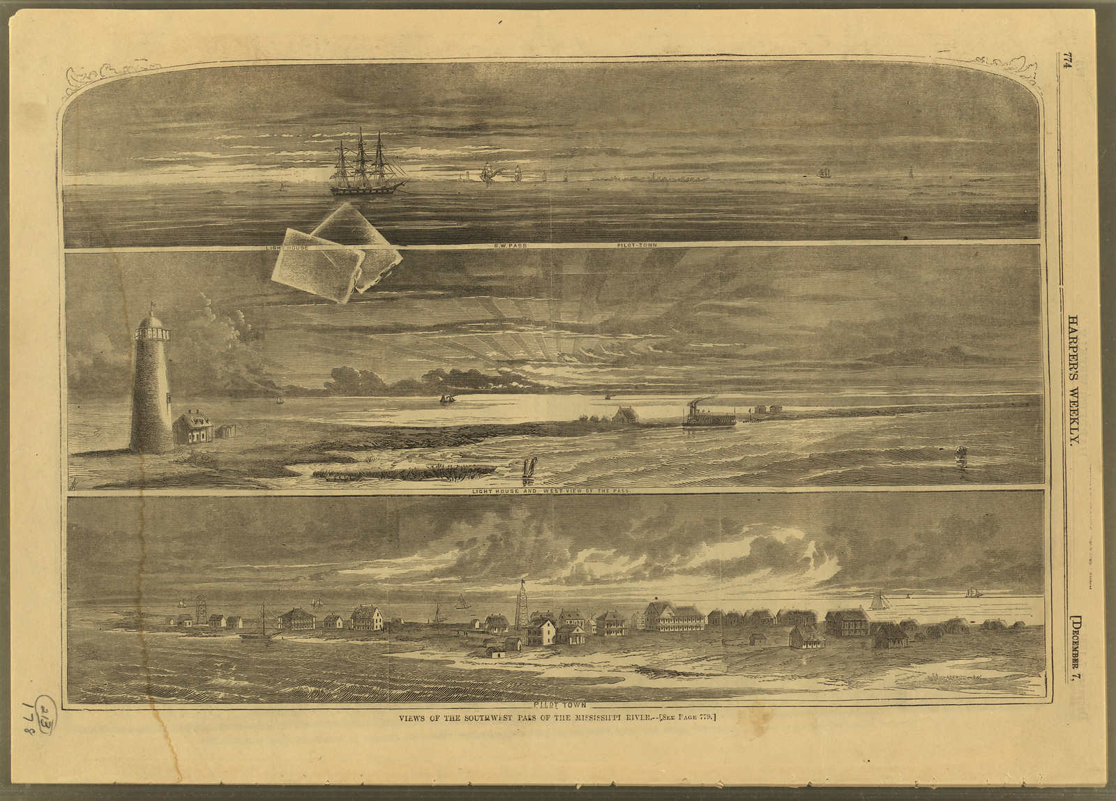 Views of the southwest pass of the Mississippi River [Composite of 3 views: 1. southwest pass with pilot town in backgrd.; 2. lighthouse and west view of the pass; 3. pilot town], 1861 — antique engraving