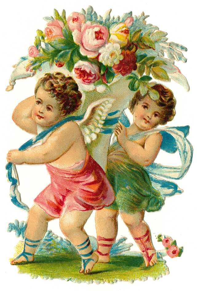 Two cherubs carrying a basket of roses — historic image