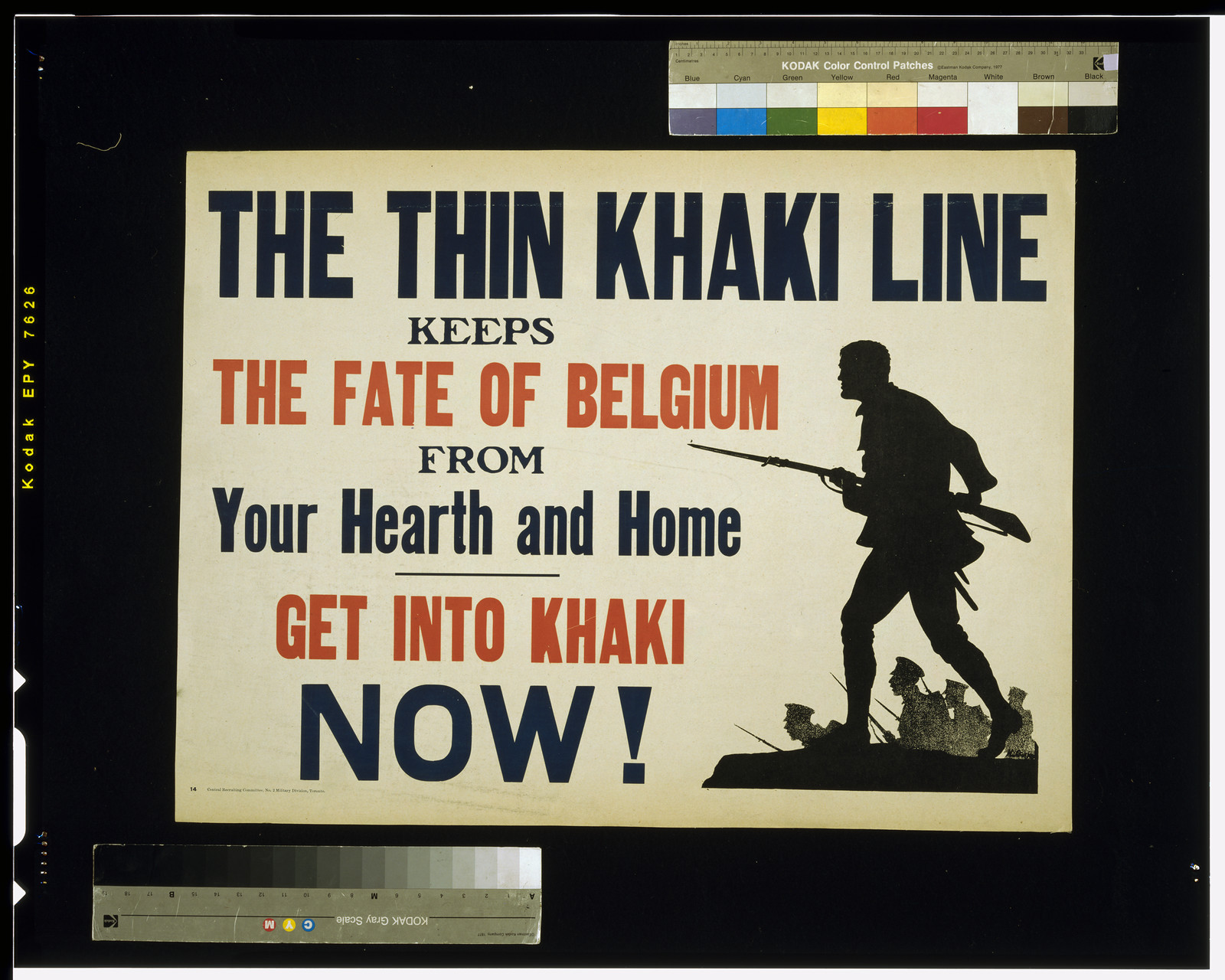 The thin khaki line keeps the fate of Belgium from your hearth and home. Get into khaki now!, 1914 — vintage poster
