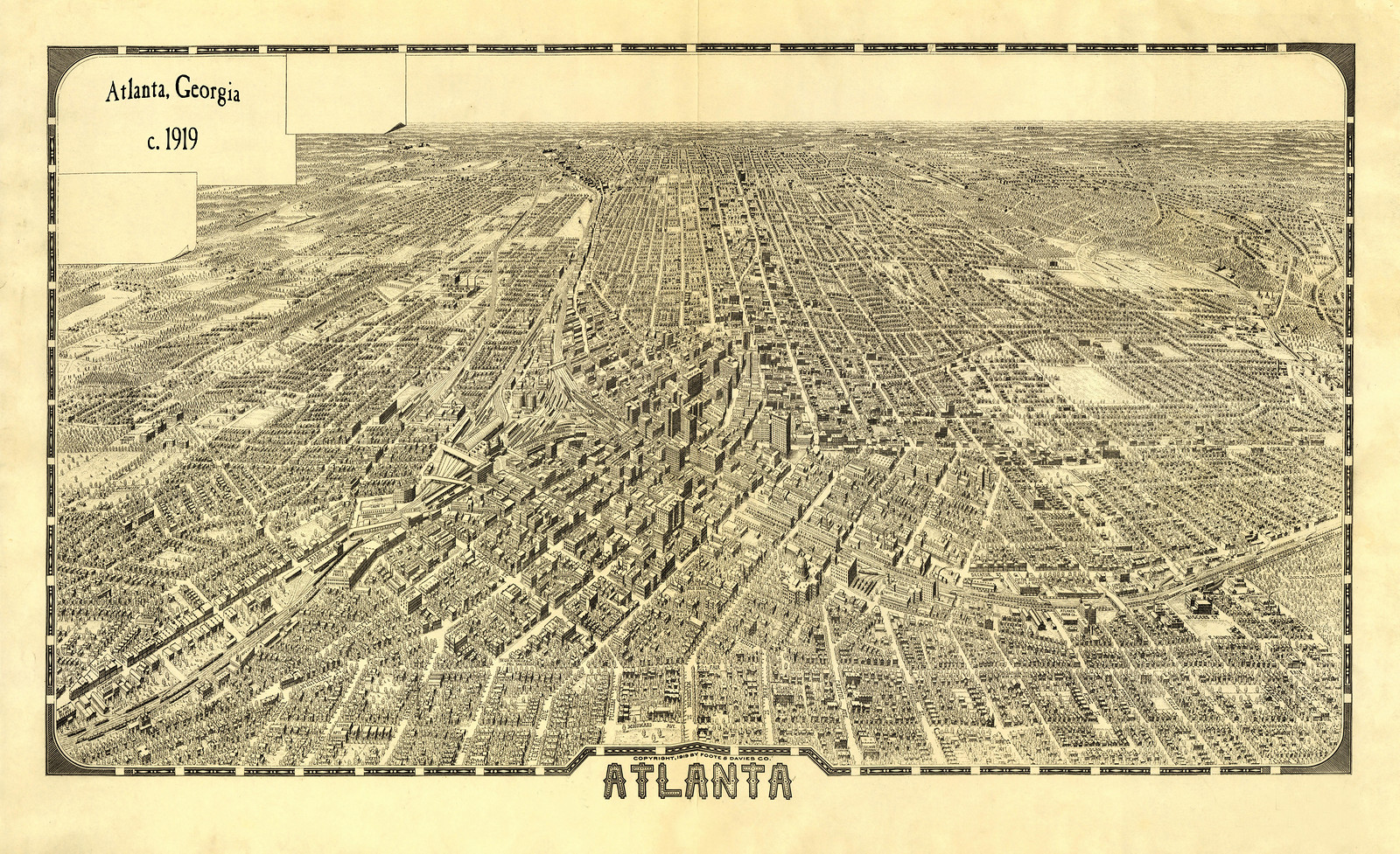 Atlanta, Georgia bird's-eye view map, c. 1879, 1919 — antique map