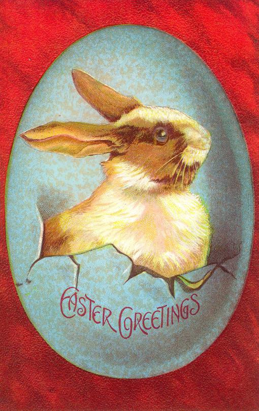 Easter Greetings card with a rabbit in a cracked egg — historic image