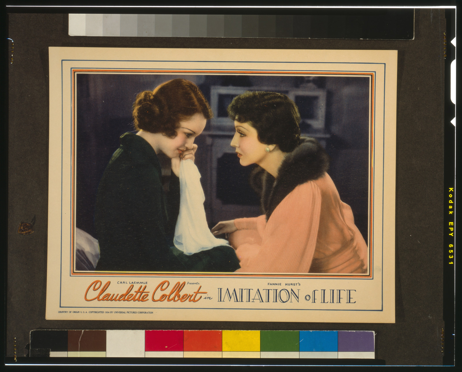 Carl Laemmle presents Claudette Colbert in Fannie Hurst's Imitation of Life, c1934. — antique lithograph