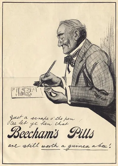 Beecham's Pills advertisement with elderly man writing with pen