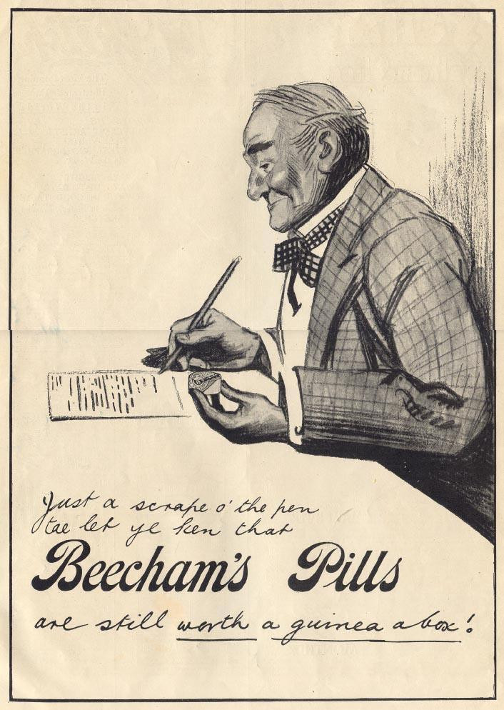 Beecham's Pills advertisement with elderly man writing with pen — historic image