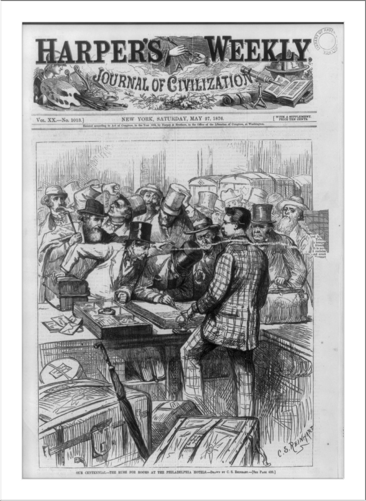 Our Centennial - the rush for rooms at the Philadelphia Hotels, [1876] — antique engraving