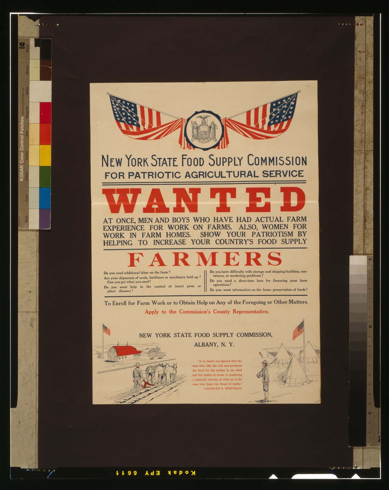 For patriotic agricultural service--wanted at once, men and boys who have had actual farm experience [...], [1917] — vintage poster
