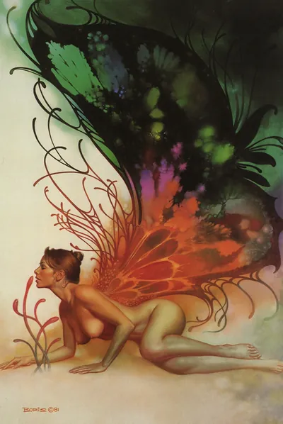 Winged fairy crawling beside red plant, signed Boris 1981